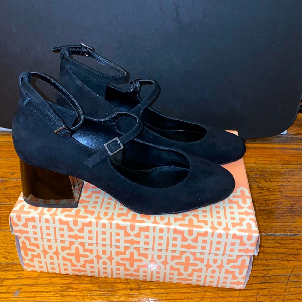 Gianni Bini Black Mary Jane Patent Block Heel W/Ankle & Mid-Foot Strap 9.5